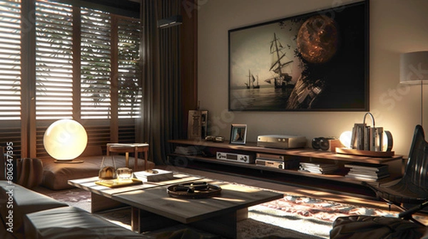 Fototapeta Step into a stylish living room where elegance meets comfort A large mock-up poster serves as a focal point, while a wooden coffee table hosts a fashionable ball lamp, illuminating the 