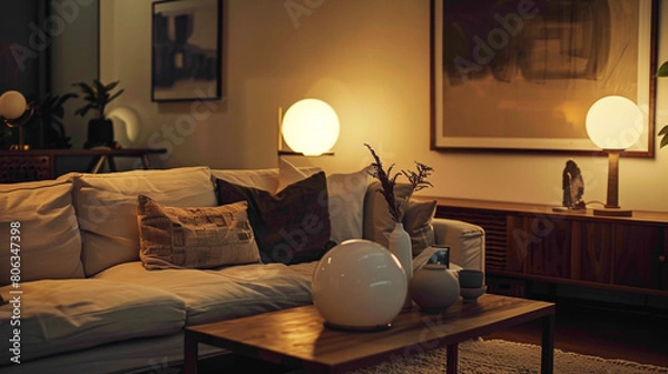 Fototapeta Step into a stylish living room where elegance meets comfort A large mock-up poster serves as a focal point, while a wooden coffee table hosts a fashionable ball lamp, illuminating 