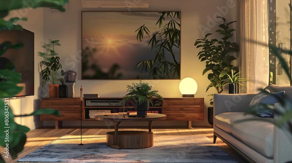 Fototapeta Step into a tastefully decorated living room boasting contemporary charm A large mock-up poster adds visual interest, while a wooden coffee table with a fashionable ball lamp lends