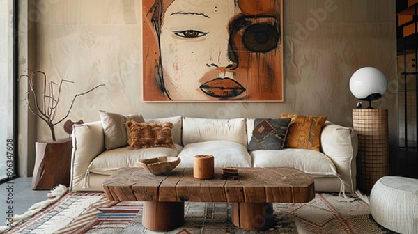 Fototapeta Step into a tastefully decorated living room boasting contemporary charm A large mock-up poster adds visual interest, while a wooden coffee table with a fashionable ball lamp lends 