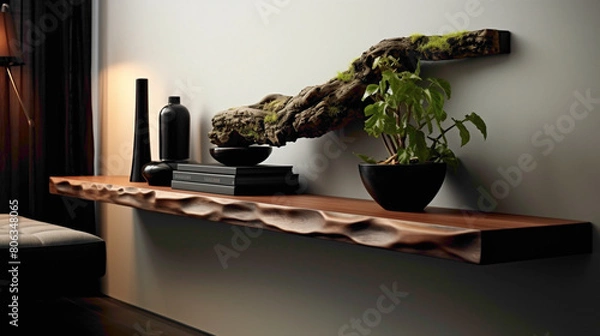 Fototapeta Transport yourself to a realm of modern elegance, where a wood floating shelf serves as a stylish yet functional centerpiece in a meticulously designed living room