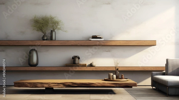 Fototapeta Transport yourself to a realm of modern elegance, where a wood floating shelf serves as a stylish yet functional centerpiece in a meticulously designed living room