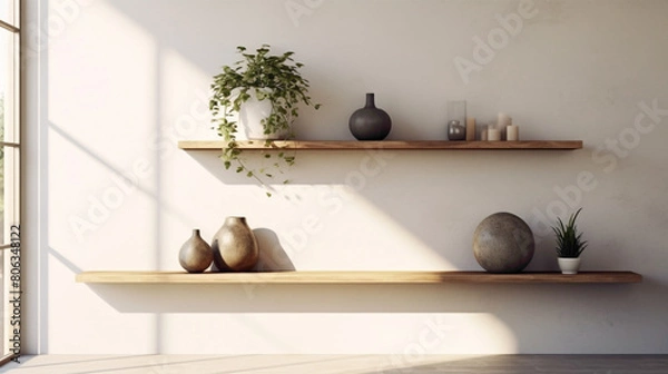 Fototapeta Transport yourself to a tranquil oasis of contemporary design, complete with a wood floating shelf showcasing artful arrangements agnst a backdrop of soothing hues