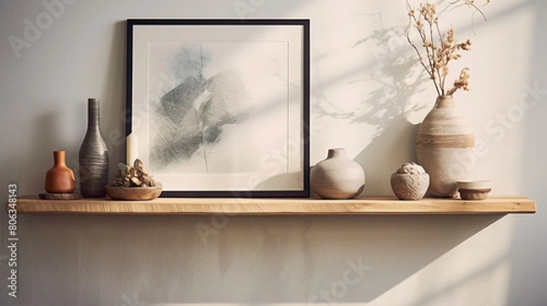 Fototapeta Transport yourself to a tranquil oasis of contemporary design, complete with a wood floating shelf showcasing artful arrangements agnst a backdrop of soothing hues