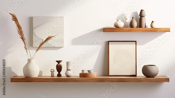 Fototapeta Transport yourself to a tranquil oasis of contemporary design, complete with a wood floating shelf showcasing artful arrangements agnst a backdrop of soothing hues