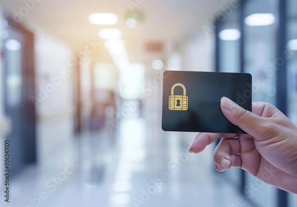 Fototapeta 
Hand holding credit card with security lock symbol on blurred background in a hospital room, doing online shoppin