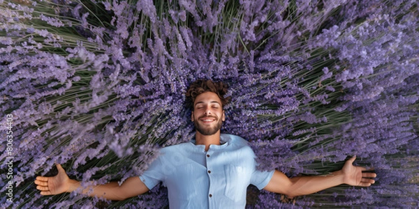 Fototapeta Aromatherapy concept. Portrait of a young handsome smiling French laying in blooming lavender with hands to the sides and feeling good. Text space. Outdoor shot