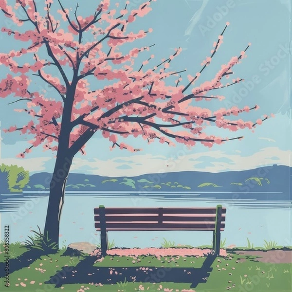 Fototapeta A cherry blossom tree with pink flowers near the water, sitting on top of an empty bench, a lake and green grass in the background, generated with AI