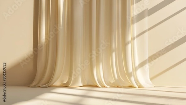 Fototapeta Elegant cream color silk curtain with sunlight and shadow on beige background for luxury interior design