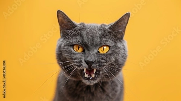 Fototapeta Chartreux, angry cat baring its teeth, studio lighting pastel background