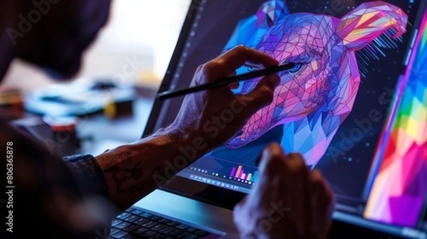 Fototapeta Graphic designer creating a vibrant polygonal artwork of an animal on a digital tablet, showcasing the creative process