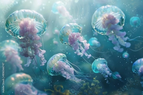 Fototapeta Jellyfishes float gracefully through the ocean, translucent bodies, generated with AI