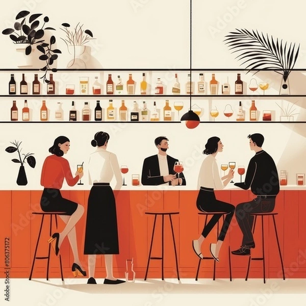 Fototapeta After work relaxing. People sitting at bar counter and drinking cocktails. Vector illustration in flat style