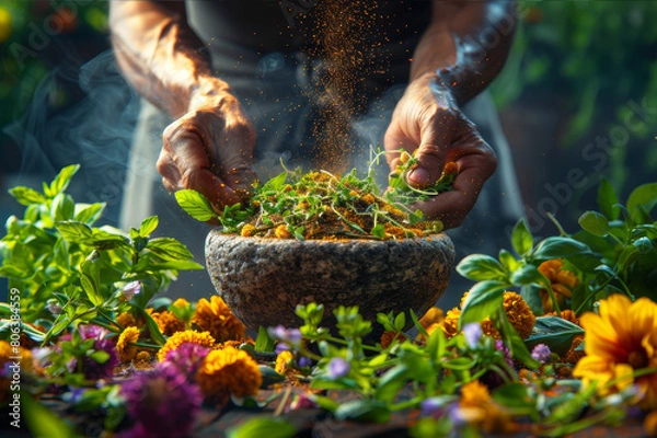 Fototapeta Close-up of hands grinding herbs in a stone mortar against a blurred background. AI generated.