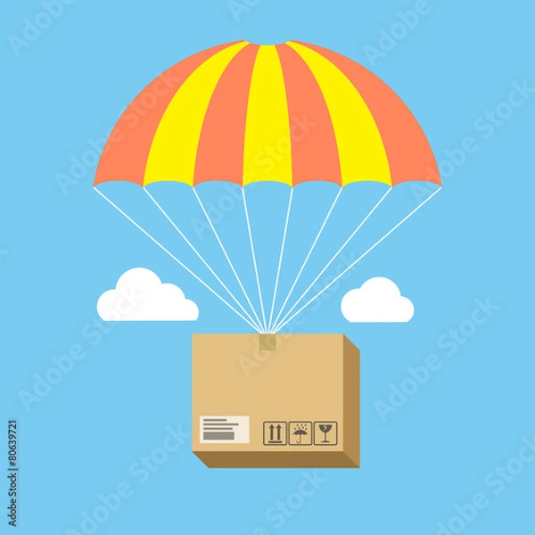 Fototapeta Package flying on parachute, delivery service concept. Flat desi
