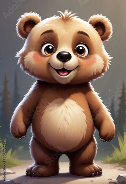 Fototapeta A cute and friendly cartoon bear with large eyes, a button nose, and a happy expression The bear has a fluffy, round body
