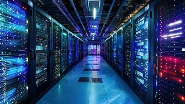 Obraz Rack Server on server room Data center, server room security, data center server, web host warehouse data server cabinets network storage database.