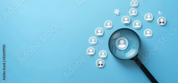 Fototapeta Photo of a magnifying glass over target audience icons on a blue background, showing a customer profile concept for business and marketing planning