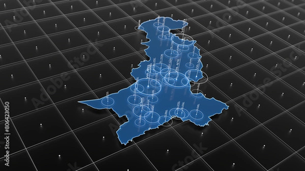 Obraz Pakistan blue map big data visualization. Futuristic infographic map. Information aesthetics. Complex visual data. Complex data graphic visualization. 3D render illustration.