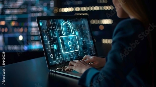 Fototapeta Concept of data protection and cyber security, close up woman hands typing on laptop with digital padlock icon hologram floating above the keyboard.