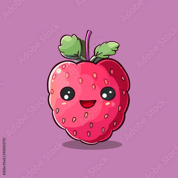 Fototapeta A cartoon strawberry with a big smile on its face. The strawberry is surrounded by green leaves and has a red stem