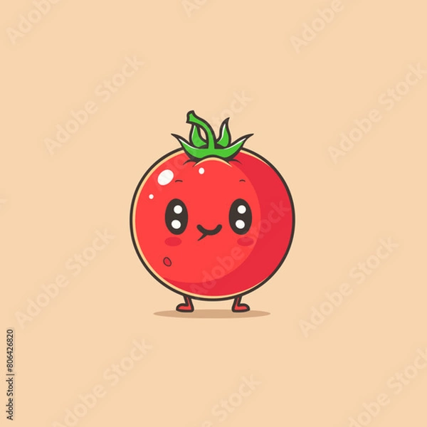 Fototapeta A cartoon tomato is smiling and has a green stem. It is on a yellow background. The tomato is happy and cute
