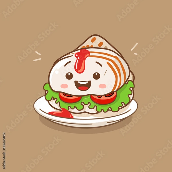 Fototapeta A cartoon sandwich with a smile on its face is sitting on a white plate. The sandwich is topped with lettuce, tomato, and mayonnaise