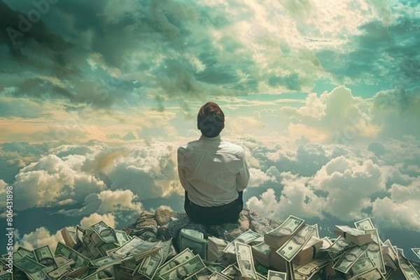 Fototapeta A man sits on top of a pile of money. Concept of wealth and abundance