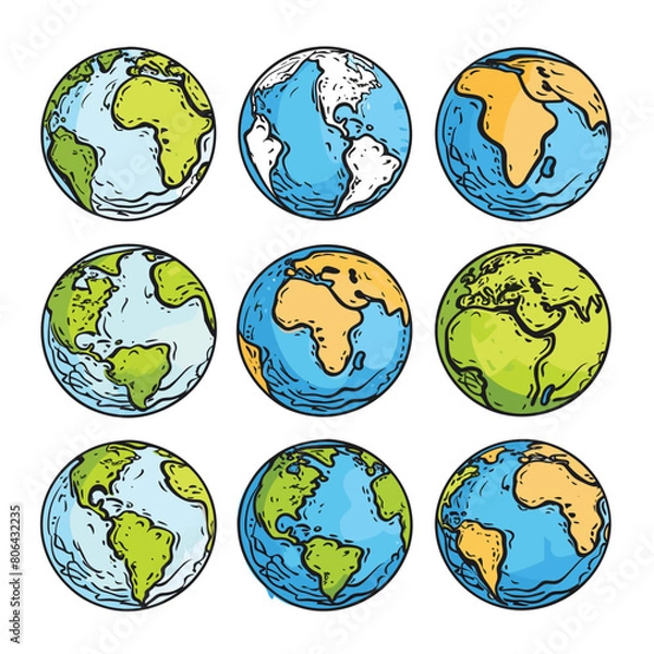 Fototapeta Collection colorful handdrawn globes featuring various continents. Cartoon style earth illustrations continents oceans, globe highlighted blue water, green yellow land