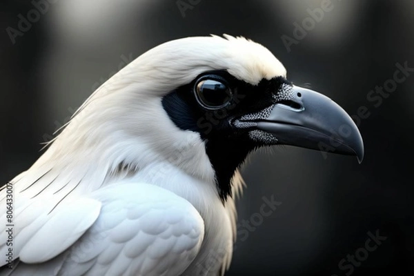 Fototapeta White raven on black background. Close up of a crow. Portrait of a vulture