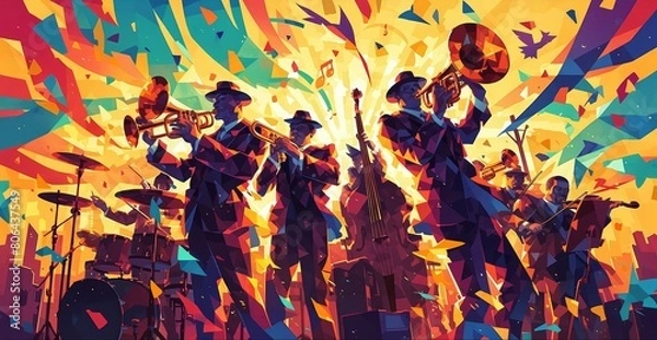 Fototapeta A vibrant and dynamic illustration of a jazz big band, composed entirely from geometric shapes
