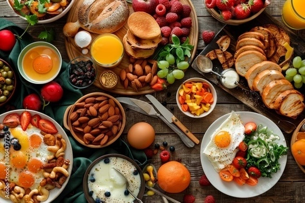 Fototapeta Diverse and Delightful International Breakfast Spread on Rustic Wooden Table