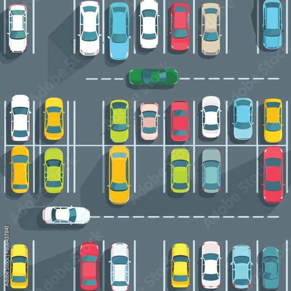 Fototapeta Birdseye view full parking lot colorful cars arranged neatly urban setting. Overhead illustration car park vehicles row orderly fashion city backdrop. Diagonal lines separate vehicle spaces