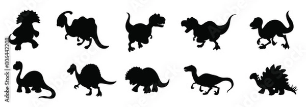 Fototapeta Set of dinosaur cartoon character silhouette.