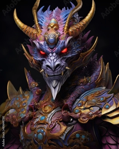Fototapeta Intricate fantasy dragon creature with ornate armor and glowing eyes