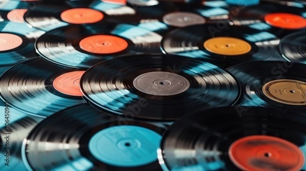 Obraz Vintage vinyl records create a retro-style music background. Ai Generated