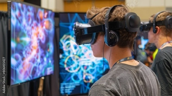 Obraz A virtual reality exhibit at a science fair showcasing the potential applications of studying virtual particles.