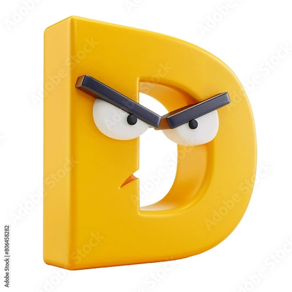 Fototapeta D alphabet with angry expression, 3D, PNG, isolated object