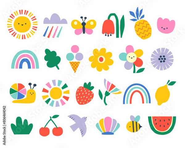 Obraz Vector set of cute naive hand drawn summer design elements in bright rainbow colors for children's design