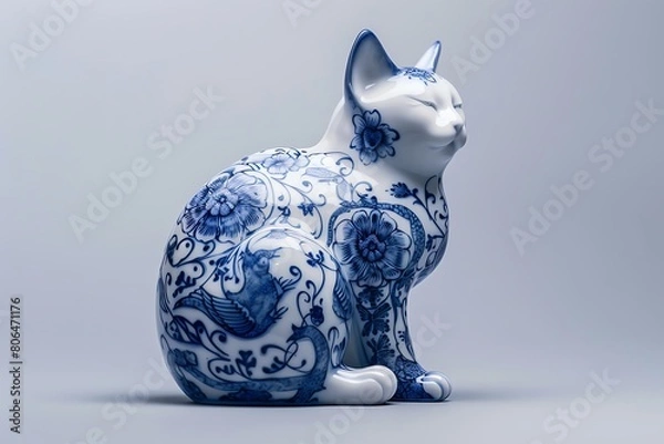 Fototapeta A blue and white porcelain cat with patterns on its body, sitting sideways, full of artistic sense, photographed in high definition with high resolution