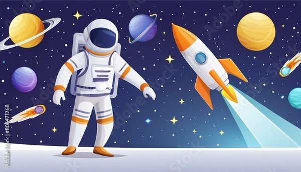 Fototapeta Space flat vector background with astronaut, rocket, spaceship, moon, planets and stars. Space for your text.