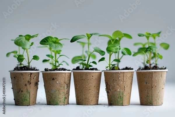 Fototapeta Seedlings for planting in disposable cups. A vibrant photo representing the concept of the spring planting season.