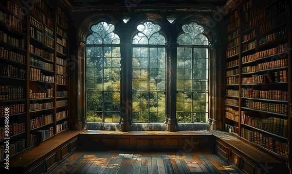 Fototapeta A dark academia library with a large window looking out into a rainy forest. The library is full of old books and wooden furniture.