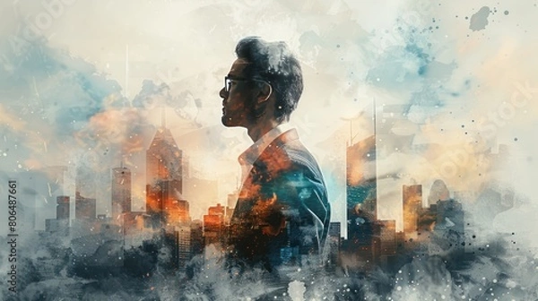 Fototapeta The watercolor painting shows a man standing tall in the city. He is wearing a suit and looking confident. The colors are vibrant and the brushstrokes are loose.