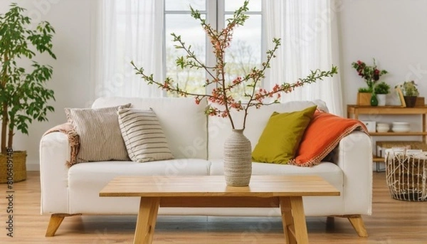Fototapeta vase with blossom twig on wooden coffee table near white sofa with pillows against window. minimalist scandinavian home interior design of modern living room