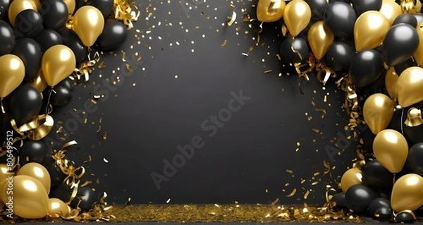 Fototapeta gold black balloon confetti background for graduation birthday happy new year opening sale concept, usable for banner poster brochure ad invitation flyer ... See More
