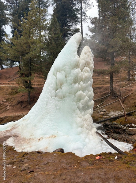 Fototapeta Massive Pile of Ice Resembling the Shape of a Loving Couple in the Forest of Gulmarg, Kashmir, India