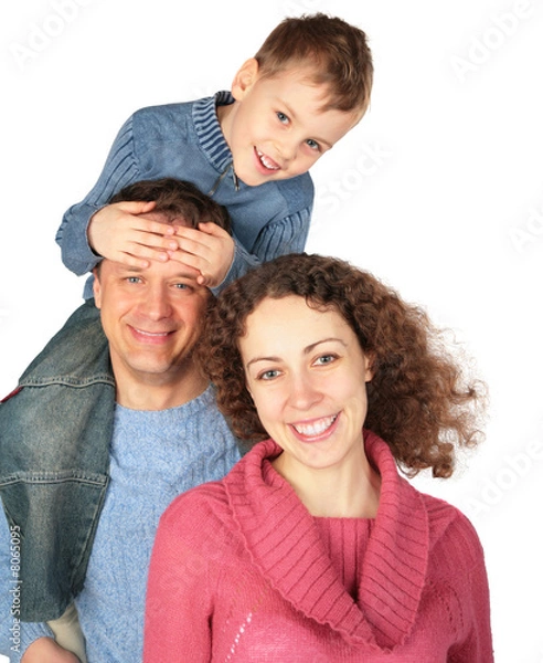 Fototapeta parents with son on father`s shoulders on white