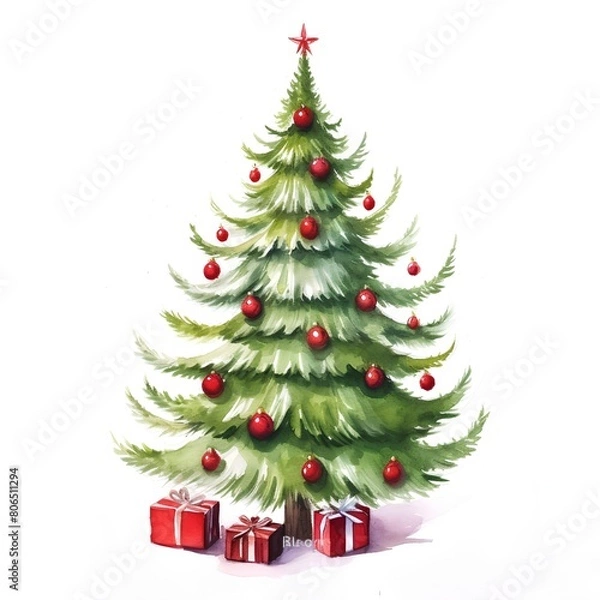 Fototapeta Watercolor Christmas tree with red balls and gifts isolated on white background
