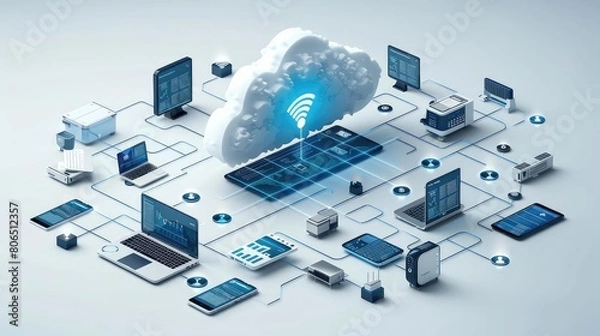 Fototapeta A network of devices connected to a cloud. The devices include laptops, tablets, smartphones, and printers. The cloud is labeled "Wi-Fi".